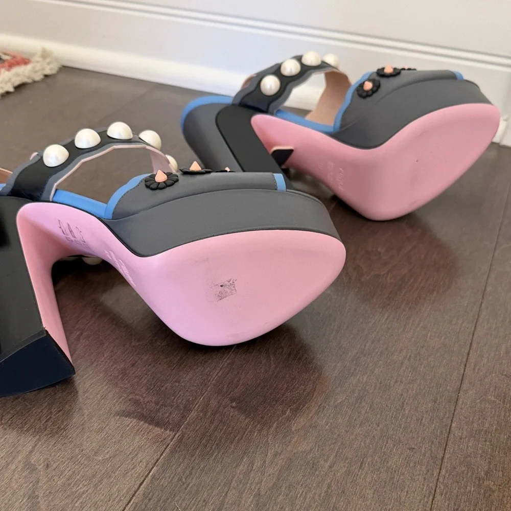 Fendi Black and Pink Platform Heels with Pearl Details